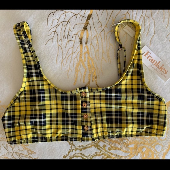 FRANKIES BIKINIS WOMEN SUMMER SWIM PLAID YELLOW BIKINI TOP SIZE LARGE - Picture 7 of 7